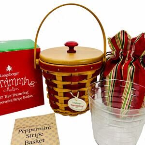 Longaberger PEPPERMINT STRIPE Red Tree Trimming Lid Liner Protector Tie-on‎ Box